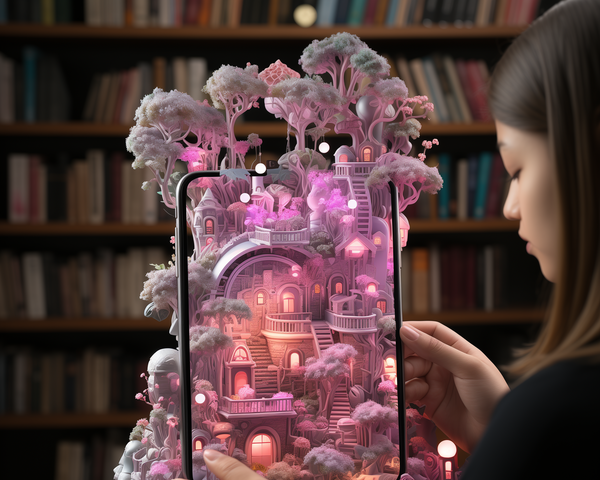 KI-Bild: Eine Frau hält ein Tablet, das eine fantasievolle, leuchtende 3D-Welt zeigt, umgeben von Bücherregalen im Hintergrund.