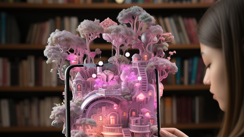 KI-Bild: Eine Frau hält ein Tablet, das eine fantasievolle, leuchtende 3D-Welt zeigt, umgeben von Bücherregalen im Hintergrund.