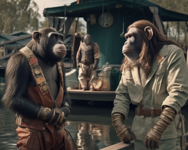 KI generiertes Bild: Zwei Schimpansen in Kleidung unterhalten sich an einem Flussufer.