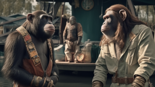 KI generiertes Bild: Zwei Schimpansen in Kleidung unterhalten sich an einem Flussufer.