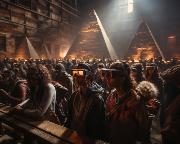 KI-Bild: Eine Gruppe von Menschen mit VR-Brillen vor leuchtenden Pyramiden in einer dunklen Halle.