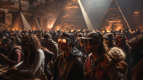 KI-Bild: Eine Gruppe von Menschen mit VR-Brillen vor leuchtenden Pyramiden in einer dunklen Halle.
