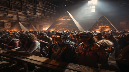 KI-Bild: Eine Gruppe von Menschen mit VR-Brillen vor leuchtenden Pyramiden in einer dunklen Halle.