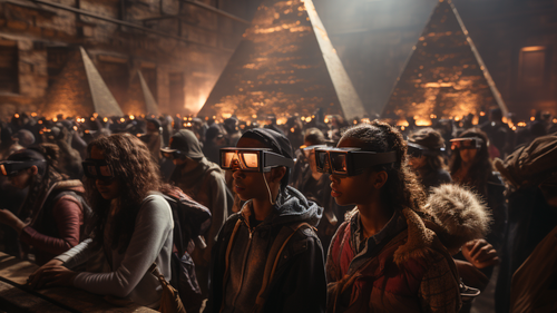 KI-Bild: Eine Gruppe von Menschen mit VR-Brillen vor leuchtenden Pyramiden in einer dunklen Halle.