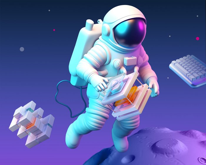 Illustration zeigt einen Astronauten im Raumanzug, er schwebt im Weltall mit geometrischen Formen und einer Tastatur.