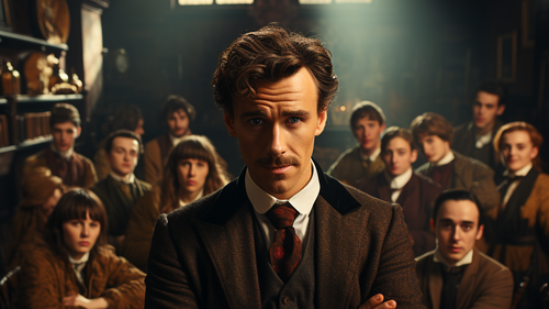 KI-Bild: Sherlock Holmes steht vor einer Schulklasse in einem viktorianisch eingerichteten Raum.