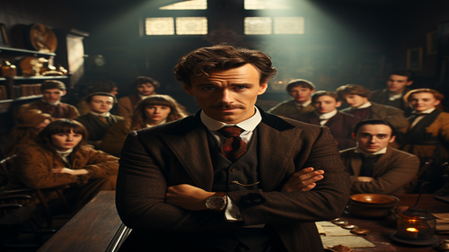 KI-Bild: Sherlock Holmes steht vor einer Schulklasse in einem viktorianisch eingerichteten Raum.