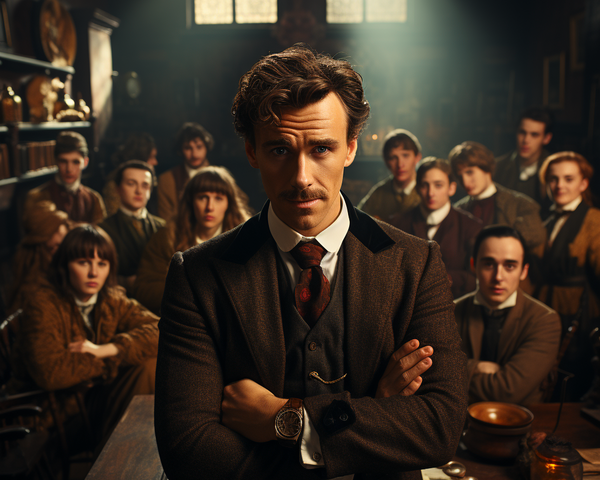KI-Bild: Sherlock Holmes steht vor einer Schulklasse in einem viktorianisch eingerichteten Raum.