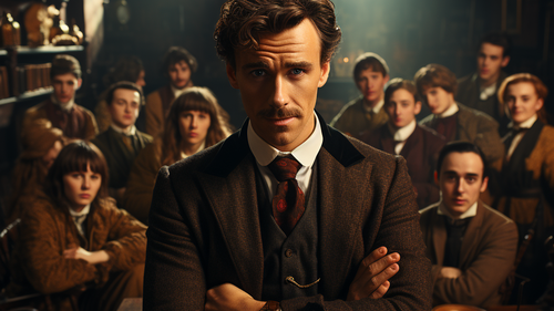 KI-Bild: Sherlock Holmes steht vor einer Schulklasse in einem viktorianisch eingerichteten Raum.