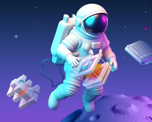 Illustration eines Astronauten, der im Weltraum schwebt, umgeben von schwebenden kubischen Objekten.