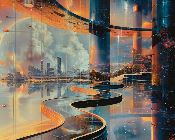 KI-Bild: Futuristische Landschaft mit geschwungenen Wegen und hoch aufragenden Gebäuden im Sonnenuntergang.