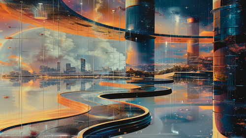 KI-Bild: Futuristische Landschaft mit geschwungenen Wegen und hoch aufragenden Gebäuden im Sonnenuntergang.