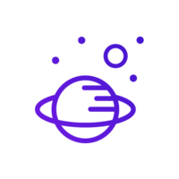Symbol für 'Raum' es zeigt einen Planeten mit Ringen und kleinen Himmelskörpern im Hintergrund.