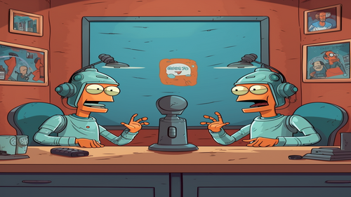 Zwei Roboter im Simpsons-Stil in einem Studio, die einen Podcast aufnehmen, Bilder an den Wänden.