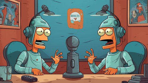 Zwei Roboter im Simpsons-Stil in einem Studio, die einen Podcast aufnehmen, Bilder an den Wänden.