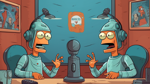 Zwei Roboter im Simpsons-Stil in einem Studio, die einen Podcast aufnehmen, Bilder an den Wänden.