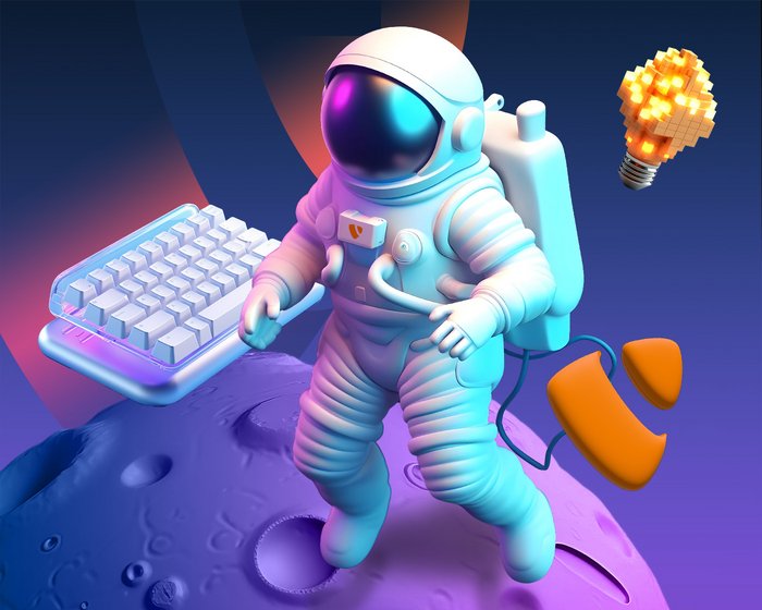 Illustration eines Astronauten mit Tastatur, Typo 3 Logo und leuchtender Glühbirne im Weltraum.