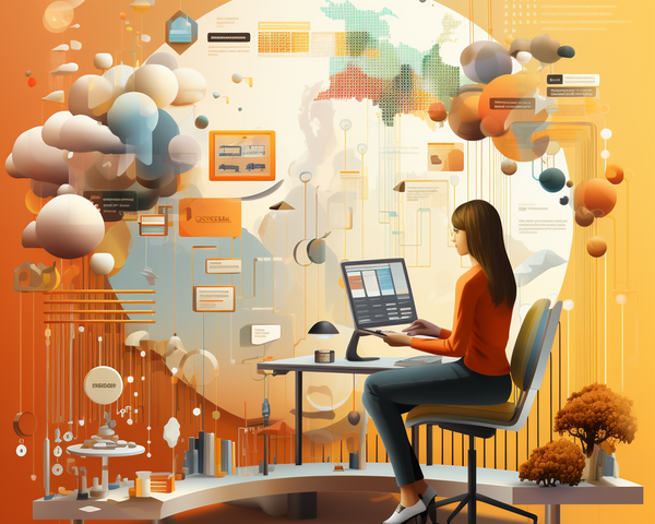 KI-Bild: Eine Frau arbeitet an einem Computer, umgeben von schwebenden Datenwolken und Infografiken vor einem Weltkarten-Hintergrund.