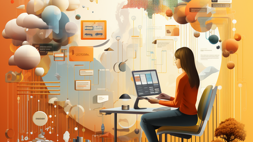 KI-Bild: Eine Frau arbeitet an einem Computer, umgeben von schwebenden Datenwolken und Infografiken vor einem Weltkarten-Hintergrund.