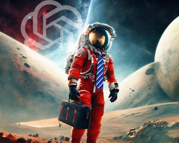 Astronaut im roten Raumanzug mit Schlips und Tasche steht auf einem kargen Planeten, im Hintergrund ist das OpenAI Logo