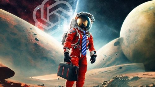 Astronaut im roten Raumanzug mit Schlips und Tasche steht auf einem kargen Planeten, im Hintergrund ist das OpenAI Logo
