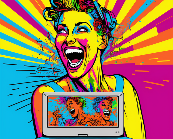 Eine farbenfrohe Pop-Art-Darstellung einer lachenden Frau mit bunten Gesichtszügen vor strahlenden Linien in Gelb, Pink und Blau. Im Vordergrund steht ein Laptop, dessen Bildschirm die gleiche Frau zeigt.