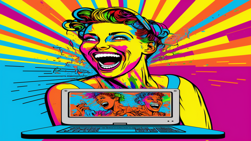 Eine farbenfrohe Pop-Art-Darstellung einer lachenden Frau mit bunten Gesichtszügen vor strahlenden Linien in Gelb, Pink und Blau. Im Vordergrund steht ein Laptop, dessen Bildschirm die gleiche Frau zeigt.