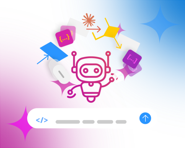 Ein Roboter-Icon jongliert mit bunten Codebestandteilen, darunter ein stilisiertes Prompt-Eingabefeld.