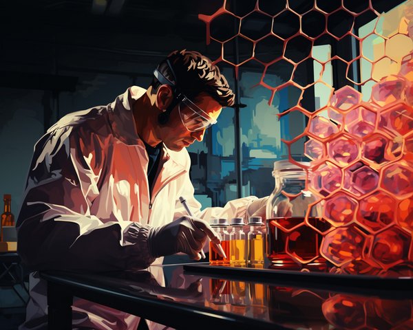 KI-Bild: Wissenschaftler in einem Labor arbeitet mit chemischen Proben und einem leuchtenden Honigwabenmuster.