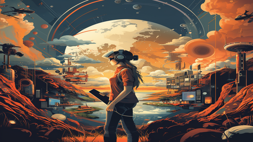 KI-Bild: Frau im Vordergrund, an den Seiten Berge und im Hintergrund ein See mit Monden am Himmel