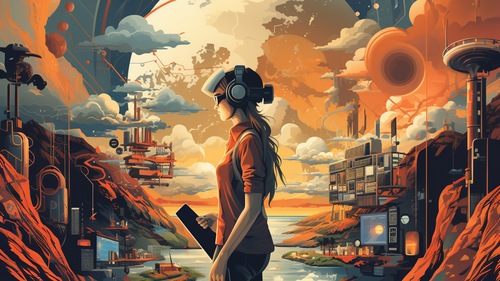 KI-Bild: Frau im Vordergrund, an den Seiten Berge und im Hintergrund ein See mit Monden am Himmel