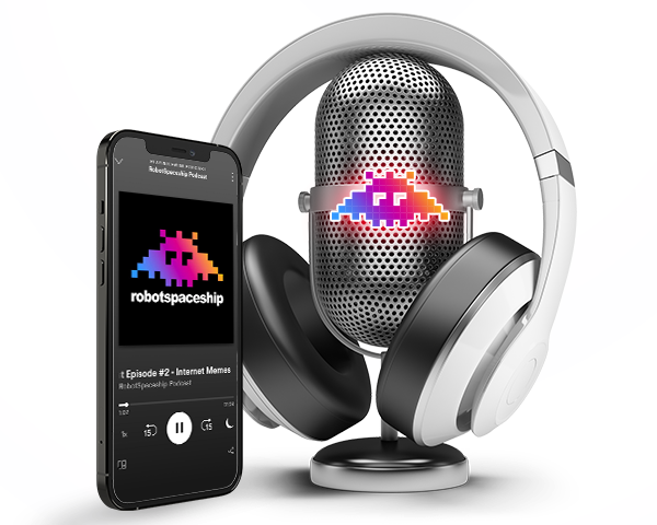 Mikrofon mit Kopfhörern und einem Smartphone, das den Podcast 'robotspaceship' zeigt.