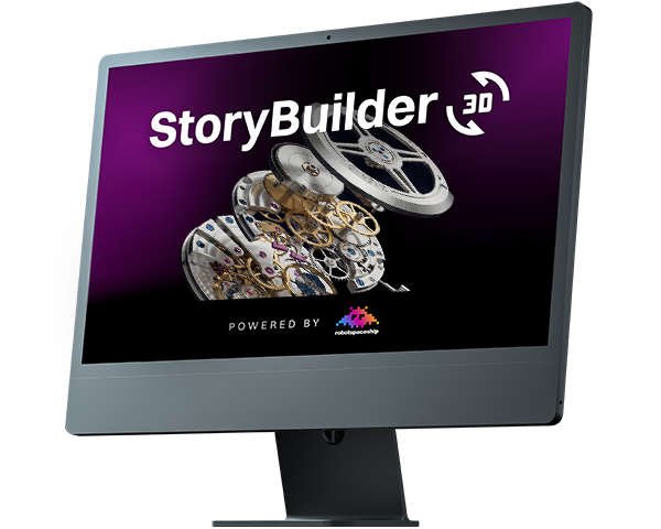 StoryBuilder 3D auf Monitor mit offenem Uhrwerk und Hinweis Powered by robotspaceship