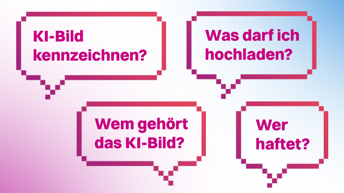 Vier Sprechblasen mit Fragen zum rechtlichen Umgang mit KI-Bildern: KI-Bild kennzeichnen? Was darf ich hochladen? Wem gehört das KI-Bild? Wer haftet? 