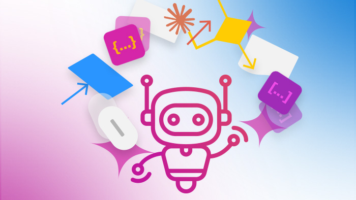 Ein Roboter-Icon jongliert mit bunten Codebestandteilen.