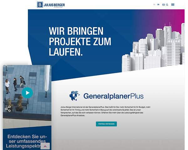 Website von Julius Berger in mobiler und Desktop-Darstellung mit dem Slogan „Wir bringen Projekte zum Laufen“ und einer Gebäudeillustration.