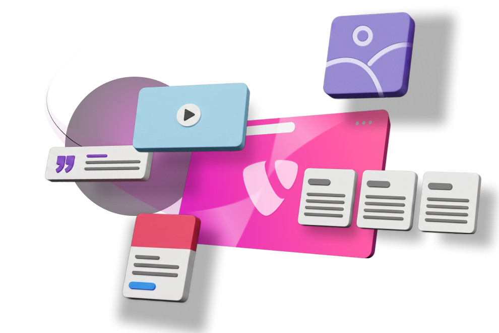 Abstrahiertes Browserfenster mit TYPO3-Logo sowie schwebenden Modulen für Medien, Inhalte und Benutzeroberfläche in pink-violettem 3D-Design.